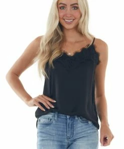 Hem & Thread Tops Black Frayed Scalloped Lace Satin Cami