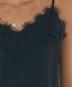 Hem & Thread Tops Black Frayed Scalloped Lace Satin Cami