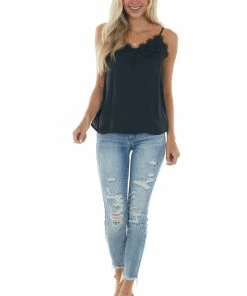 Hem & Thread Tops Black Frayed Scalloped Lace Satin Cami