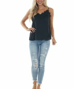 Hem & Thread Tops Black Frayed Scalloped Lace Satin Cami