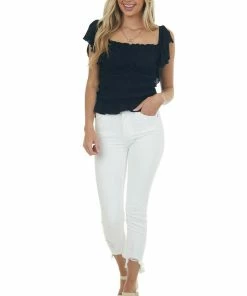 143 Story Tops Black Frill Ruched Flutter Sleeve Bodysuit