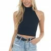DYNAMIC Black Halter Mock Neck Cable Knit Tank Tops