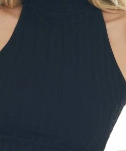 DYNAMIC Black Halter Mock Neck Cable Knit Tank Tops