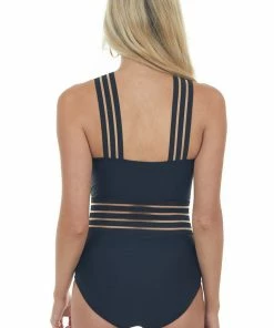 Davi & Dani Black Halter Neck Striped One Piece Swimsuit Accessories