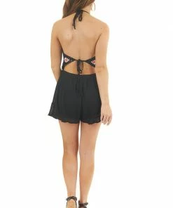 Chrysanthemum Black Halter Top Romper With Floral Crochet Bust 21 Chrysanthemum Black Halter Top Romper With Floral Crochet Bust