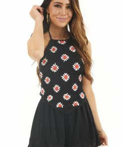 Chrysanthemum Black Halter Top Romper With Floral Crochet Bust