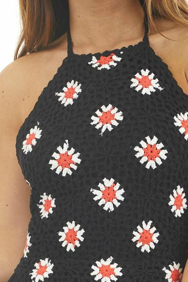 Chrysanthemum Black Halter Top Romper With Floral Crochet Bust 9 Chrysanthemum Black Halter Top Romper With Floral Crochet Bust