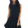 Sweet Lovely Black Jacquard Textured Tiered Dress With Halter Neckline Dresses