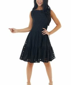 Sweet Lovely Black Jacquard Textured Tiered Dress With Halter Neckline Dresses 22 Sweet Lovely Black Jacquard Textured Tiered Dress With Halter Neckline Dresses