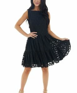 Sweet Lovely Black Jacquard Textured Tiered Dress With Halter Neckline Dresses 20 Sweet Lovely Black Jacquard Textured Tiered Dress With Halter Neckline Dresses