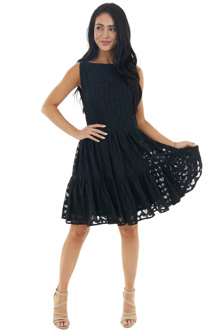 Sweet Lovely Black Jacquard Textured Tiered Dress With Halter Neckline Dresses 5 Sweet Lovely Black Jacquard Textured Tiered Dress With Halter Neckline Dresses