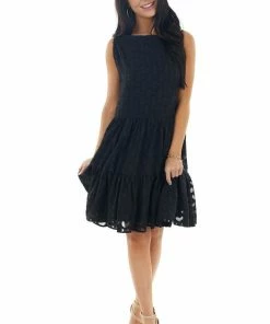Sweet Lovely Black Jacquard Textured Tiered Dress With Halter Neckline Dresses