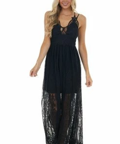 Entro Black Lace Maxi Overlay Sleeveless Dress With Plunging Neck