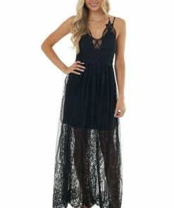 Entro Black Lace Maxi Overlay Sleeveless Dress With Plunging Neck