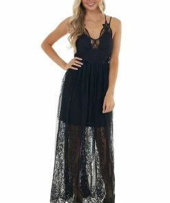 Entro Black Lace Maxi Overlay Sleeveless Dress With Plunging Neck