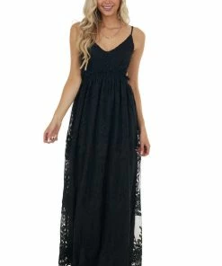 Dress Day Black Lace Sleeveless Open Back Maxi Dress Dresses
