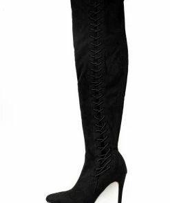JP ORIGINAL CORP Black Lace Up Thigh High Stiletto Suede Boots 12 JP ORIGINAL CORP Black Lace Up Thigh High Stiletto Suede Boots