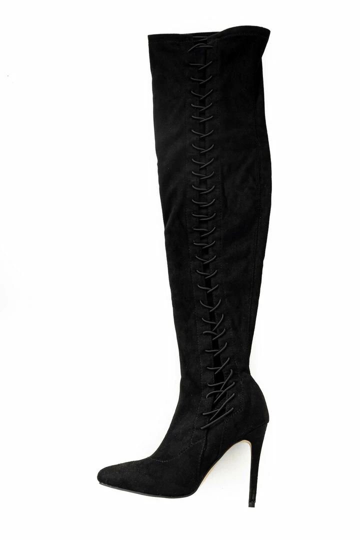 JP ORIGINAL CORP Black Lace Up Thigh High Stiletto Suede Boots 5 JP ORIGINAL CORP Black Lace Up Thigh High Stiletto Suede Boots