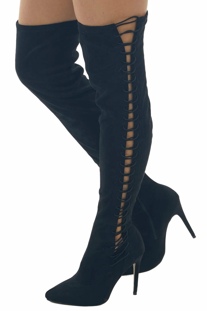 JP ORIGINAL CORP Black Lace Up Thigh High Stiletto Suede Boots 4 JP ORIGINAL CORP Black Lace Up Thigh High Stiletto Suede Boots