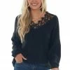Davi & Dani Tops Black Lace V Neck Long Sleeve Ribbed Sweater 1 Davi & Dani Tops Black Lace V Neck Long Sleeve Ribbed Sweater