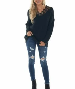 Davi & Dani Tops Black Lace V Neck Long Sleeve Ribbed Sweater
