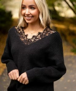Davi & Dani Tops Black Lace V Neck Long Sleeve Ribbed Sweater