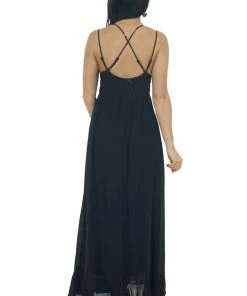 HYFVE Black Lace V Neck Maxi Dress With Ruffle Hem Dresses
