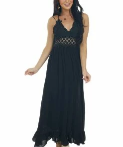 HYFVE Black Lace V Neck Maxi Dress With Ruffle Hem Dresses