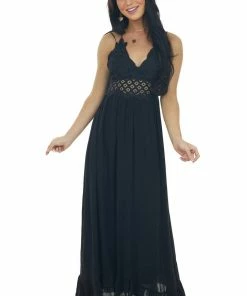 HYFVE Black Lace V Neck Maxi Dress With Ruffle Hem Dresses