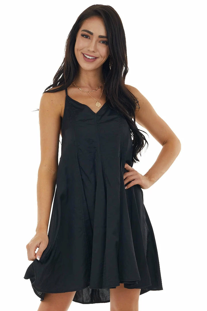 Entro Black Large Pleat Sleeveless Cami Dress With V Neck Dresses 3 Entro Black Large Pleat Sleeveless Cami Dress With V Neck Dresses