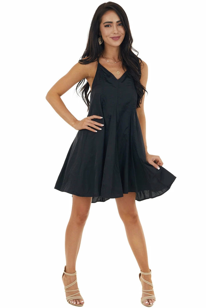 Entro Black Large Pleat Sleeveless Cami Dress With V Neck Dresses 6 Entro Black Large Pleat Sleeveless Cami Dress With V Neck Dresses