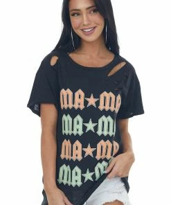 BiBi Tops Black Laser Cut 'Mama' Rockstar Graphic Tee