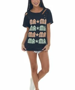 BiBi Tops Black Laser Cut 'Mama' Rockstar Graphic Tee