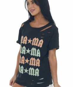 BiBi Tops Black Laser Cut 'Mama' Rockstar Graphic Tee