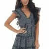 She + Sky Black Leaf Print Tiered Cap Sleeve Frill Dress Dresses