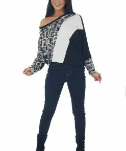 BiBi Tops Black Leopard Colorblock Long Dolman Sleeve Top