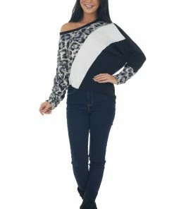 BiBi Tops Black Leopard Colorblock Long Dolman Sleeve Top
