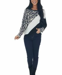 BiBi Tops Black Leopard Colorblock Long Dolman Sleeve Top