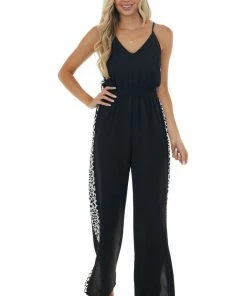 Main Strip Black Leopard Contrast Sleeveless Jumpsuit Dresses