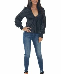 Mittoshop Tops Black Leopard Print V Neck Peplum Satin Blouse