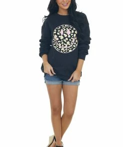 Sweet Claire Black Leopard Smiley Face Graphic Sweater Top