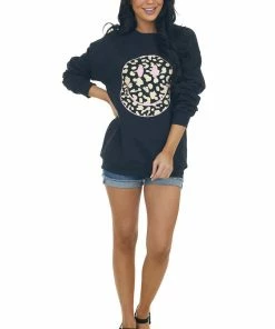 Sweet Claire Black Leopard Smiley Face Graphic Sweater Top