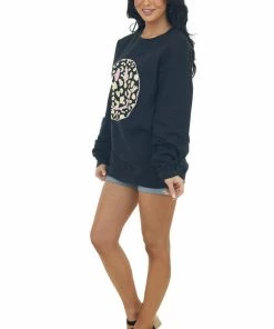 Sweet Claire Black Leopard Smiley Face Graphic Sweater Top
