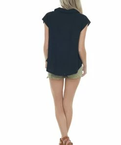 Umgee Black Linen Button Down Cap Sleeve Blouse Tops