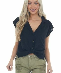 Umgee Black Linen Button Down Cap Sleeve Blouse Tops