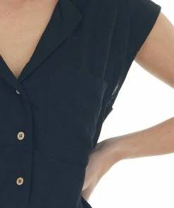 Umgee Black Linen Button Down Cap Sleeve Blouse Tops