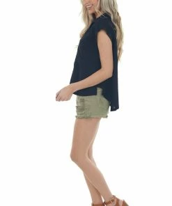 Umgee Black Linen Button Down Cap Sleeve Blouse Tops