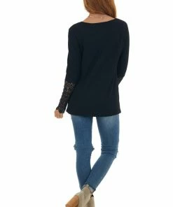 BiBi Black Long Lace Sleeve Ribbed Henley Top