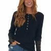 BiBi Black Long Lace Sleeve Ribbed Henley Top