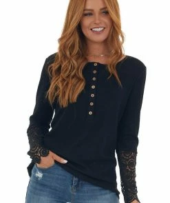 BiBi Black Long Lace Sleeve Ribbed Henley Top